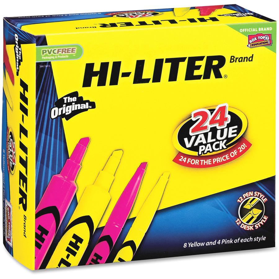 Avery&reg; Hi-Liter Desk and Pen-Style Highlighters - Chisel Marker Point Style - Fluorescent Yellow, Fluorescent Pink Water Based Ink - Assorted Barrel - 24 / Box. Picture 3