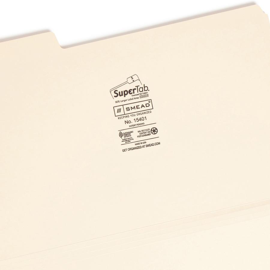 Smead SuperTab 1/3 Tab Cut Legal Recycled Top Tab File Folder - 8 1/2" x 14" - 3/4" Expansion - Top Tab Location - Assorted Position Tab Position - Manila - Manila - 10% Recycled - 50 / Box. Picture 8