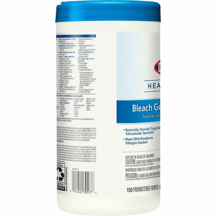 Clorox Healthcare Bleach Germicidal Wipes - For Multipurpose - Ready-To-Use - 5" Length x 6" Width - 150 / Canister - 1 Each - Disinfectant, Non-irritating, Anti-bacterial, Odorless - White. Picture 10