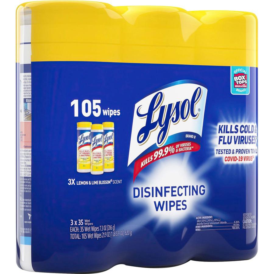 Lysol Disinfecting Wipes 3-pack - Lemon Scent - 35 / Canister - 3 / Pack - Disinfectant, Antibacterial - White. Picture 5