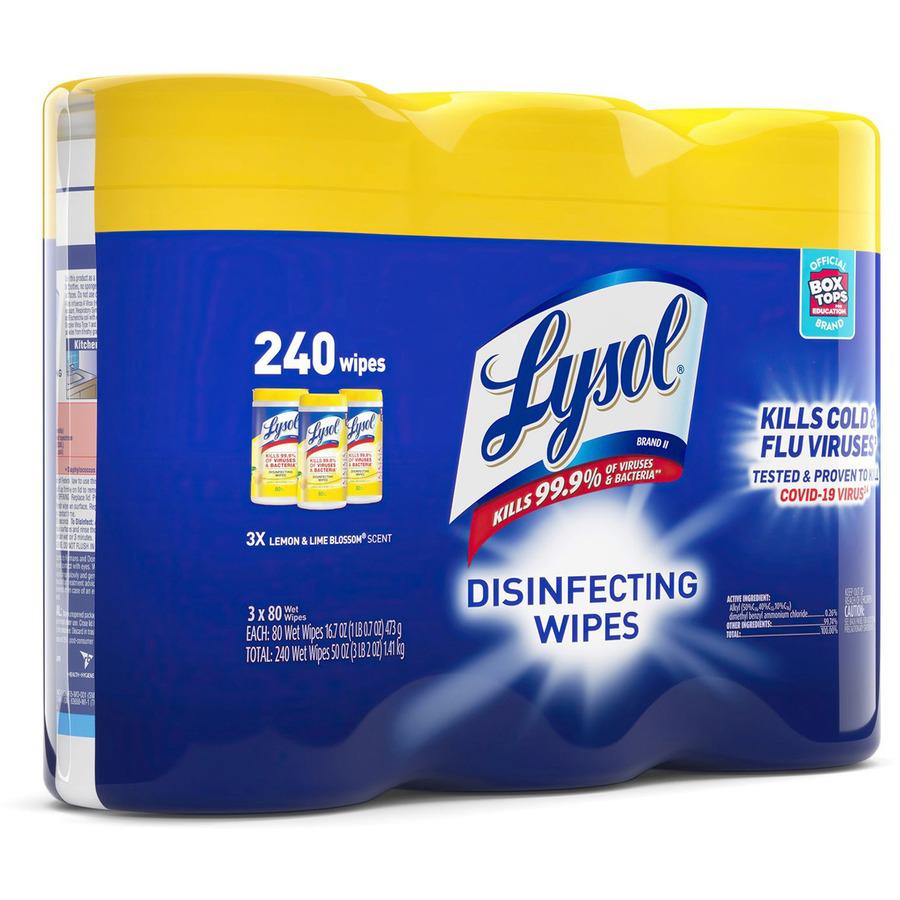 Lysol Lemon/Lime Disinfecting Wipes - Wipe - Lemon, Lime Blossom Scent - 80 / Canister - 3 / Pack - White. Picture 5