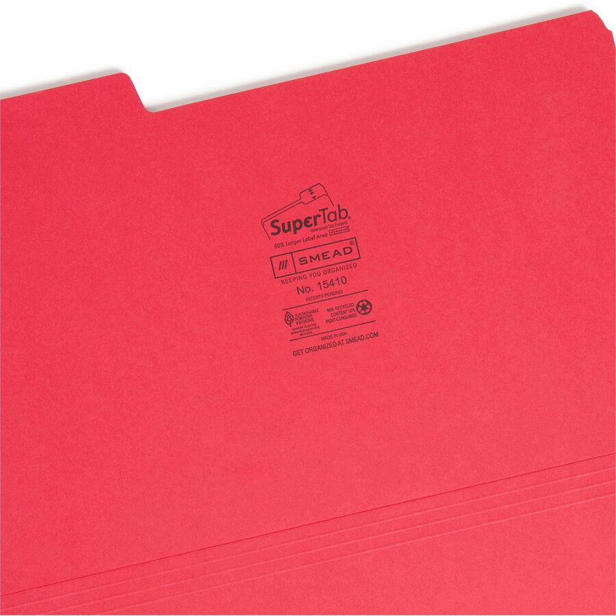 Smead SuperTab 1/3 Tab Cut Legal Recycled Top Tab File Folder - 8 1/2" x 14" - 3/4" Expansion - Top Tab Location - Assorted Position Tab Position - Blue, Red, Green, Yellow - 10% Recycled - 50 / Box. Picture 8