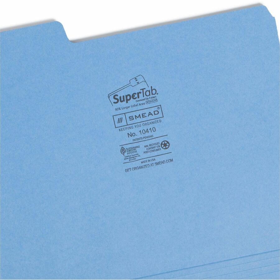 Smead SuperTab 1/3 Tab Cut Letter Recycled Top Tab File Folder - 8 1/2" x 11" - 3/4" Expansion - Top Tab Location - Assorted Position Tab Position - Blue, Red, Green, Yellow - 10% Recycled - 50 / Box. Picture 8