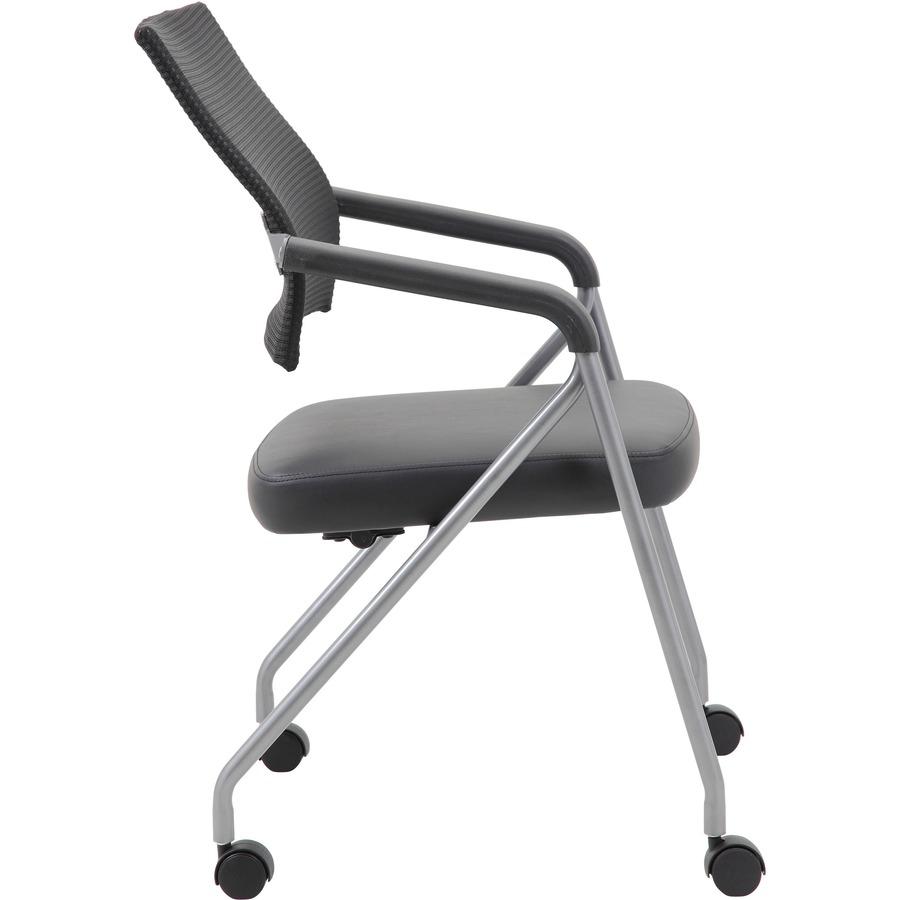 Boss Caressoft Plus Training Chair - Black Vinyl Seat - Black Mesh Back - Pewter Frame - Four-legged Base - Armrest - 2 / Carton. Picture 9