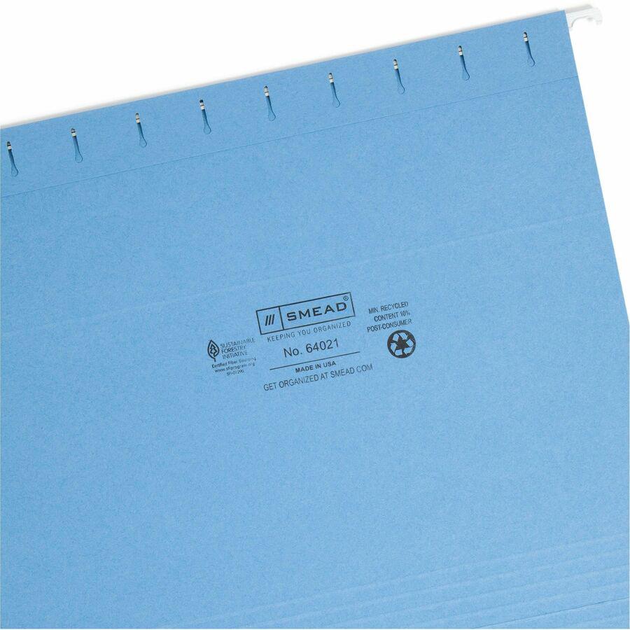 Smead 1/3 Tab Cut Letter Recycled Hanging Folder - 8 1/2" x 11" - Top Tab Location - Assorted Position Tab Position - Poly - Blue - 10% Paper Recycled - 25 / Box. Picture 8