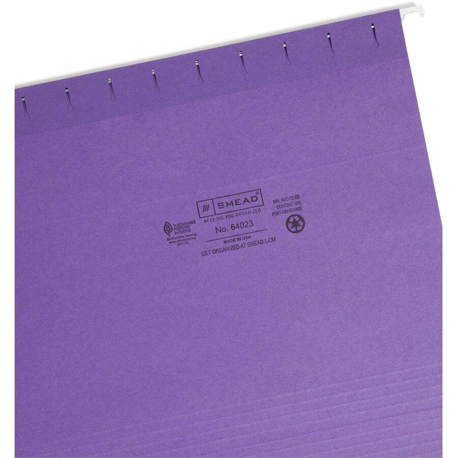 Smead 1/3 Tab Cut Letter Recycled Hanging Folder - 8 1/2" x 11" - Top Tab Location - Assorted Position Tab Position - Poly - Purple - 10% Paper Recycled - 25 / Box. Picture 10