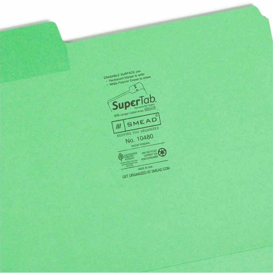Smead SuperTab 1/3 Tab Cut Letter Recycled Top Tab File Folder - 8 1/2" x 11" - Top Tab Location - Assorted Position Tab Position - Blue, Red, Green, Yellow - 10% Paper Recycled - 24 / Pack. Picture 8