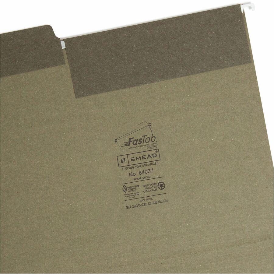 Smead FasTab 1/3 Tab Cut Letter Recycled Hanging Folder - 8 1/2" x 11" - Top Tab Location - Assorted Position Tab Position - Standard Green - 100% Paper Recycled - 20 / Box. Picture 8