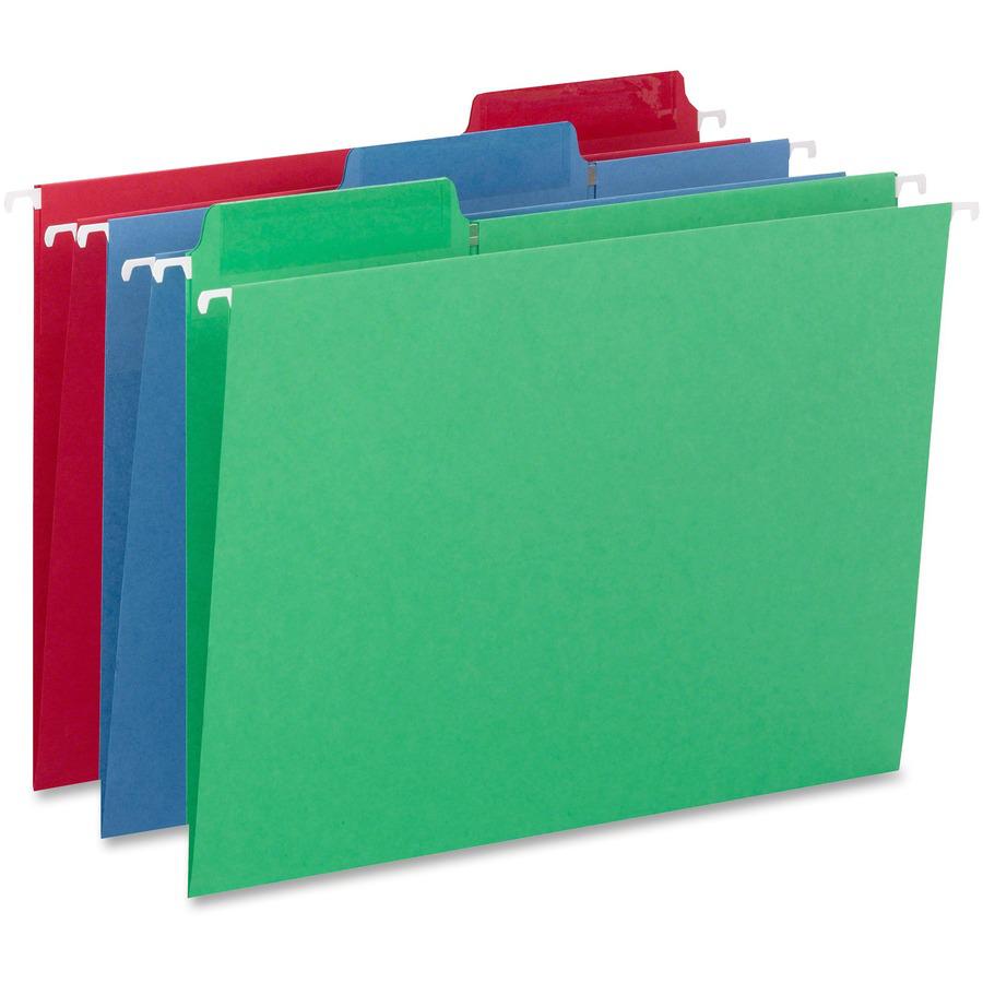 Smead FasTab 1/3 Tab Cut Letter Recycled Hanging Folder - 8 1/2" x 11" - Top Tab Location - Assorted Position Tab Position - Blue, Green, Red - 10% Paper Recycled - 18 / Box. Picture 7