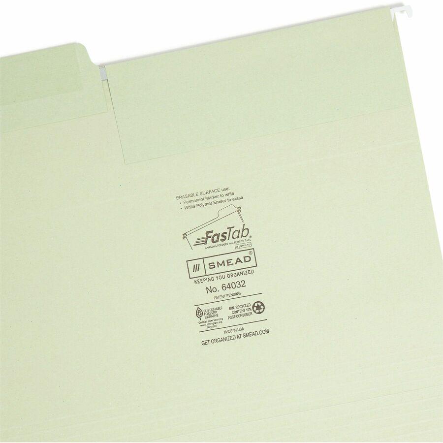 Smead FasTab 1/3 Tab Cut Letter Recycled Hanging Folder - 8 1/2" x 11" - Top Tab Location - Assorted Position Tab Position - Moss - 10% Recycled - 20 / Box. Picture 8