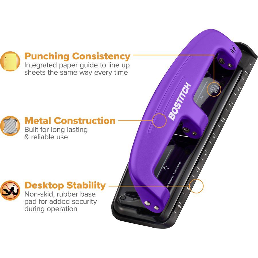 Bostitch EZ Squeeze&trade; 12 Three-Hole Punch - 3 Punch Head(s) - 12 Sheet - 9/32" Punch Size - 3" x 1.6" - Purple, Black. Picture 2