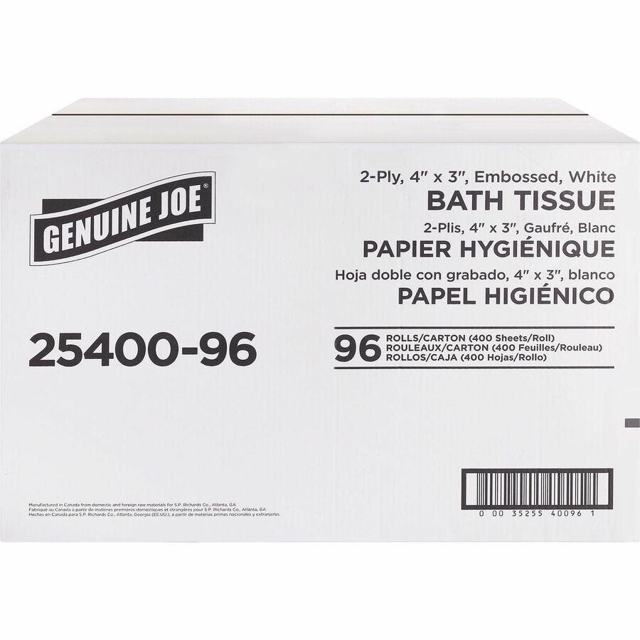 Genuine Joe 2-ply Standard Bath Tissue Rolls - 2 Ply - 3" x 4" - 400 Sheets/Roll - 1.63" Core - White - 96 / Carton. Picture 6