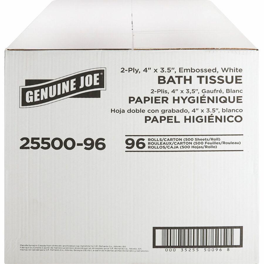 Genuine Joe 2-ply Standard Bath Tissue Rolls - 2 Ply - 4" x 3.20" - 500 Sheets/Roll - White - Perforated, Absorbent, Soft - 96 / Carton. Picture 6