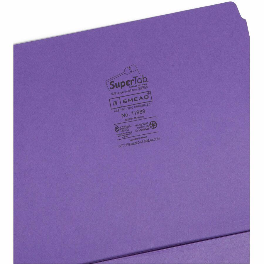 Smead SuperTab 1/3 Tab Cut Letter Recycled Top Tab File Folder - 8 1/2" x 11" - 3/4" Expansion - Top Tab Location - Assorted Position Tab Position - 2 Divider(s) - Teal, Purple, Navy - 10% Recycled - . Picture 8