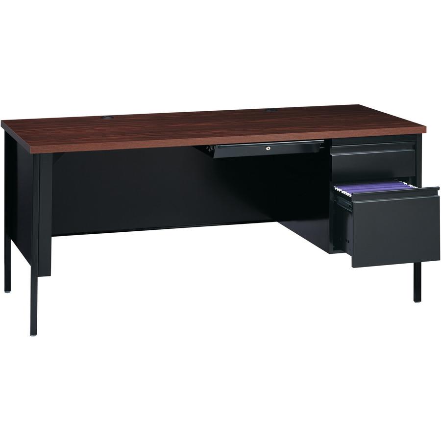 Lorell Fortress Series 66" Right-Pedestal Desk - Laminated Rectangle, Walnut Top - 30" Table Top Length x 66" Table Top Width x 1.13" Table Top Thickness - 29.50" Height - Assembly Required - Black Wa. Picture 10