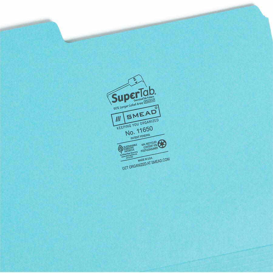 Smead SuperTab 1/3 Tab Cut Letter Recycled Top Tab File Folder - 8 1/2" x 11" - Top Tab Location - Assorted Position Tab Position - Pink, Yellow, Goldenrod, Aqua - 10% Recycled - 12 / Pack. Picture 9