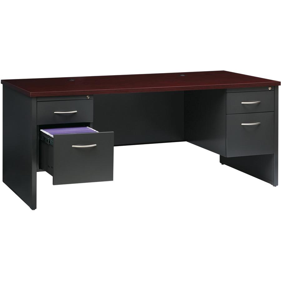 Lorell Mahogany Laminate/Charcoal Modular Desk Series Pedestal Desk - 2-Drawer - 72" x 36" , 1.1" Top - 2 x Box, File Drawer(s) - Double Pedestal - Material: Steel - Finish: Mahogany Laminate, Charcoa. Picture 8