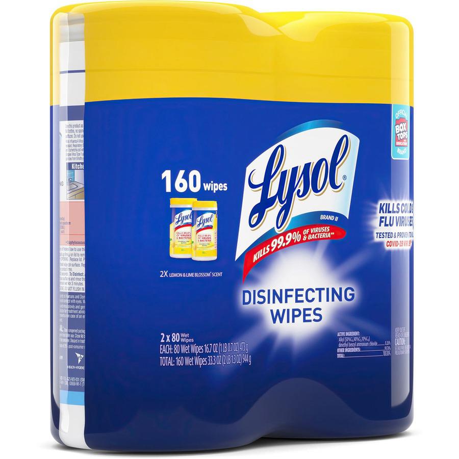 Lysol Disinfecting Wipes - Wipe - Lemon Lime Scent - 80 / Canister - 2 / Pack - White. Picture 5