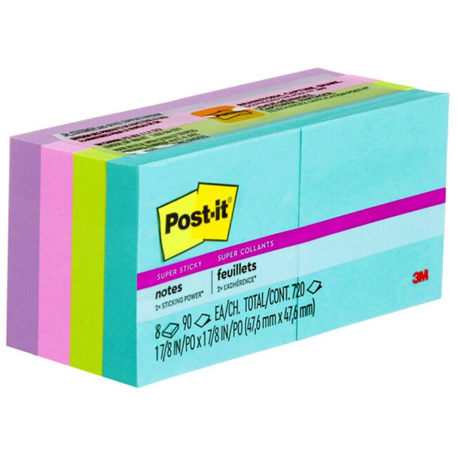 Post-it&reg; Super Sticky Notes - Supernova Neons Color Collection - 720 x Multicolor - 2" x 2" - Rectangle - 90 Sheets per Pad - Aqua Splash, Acid Lime, Tropical Pink, Iris Infusion - Paper - Self-ad. Picture 7