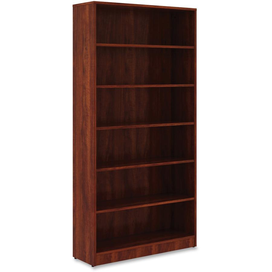 Lorell Cherry Laminate Bookcase - 6 Shelf(ves) - 73" Height x 36" Width x 12" Depth - Sturdy, Adjustable Feet, Adjustable Shelf - Thermofused Laminate (TFL) - Cherry - Laminate - 1 Each. Picture 5