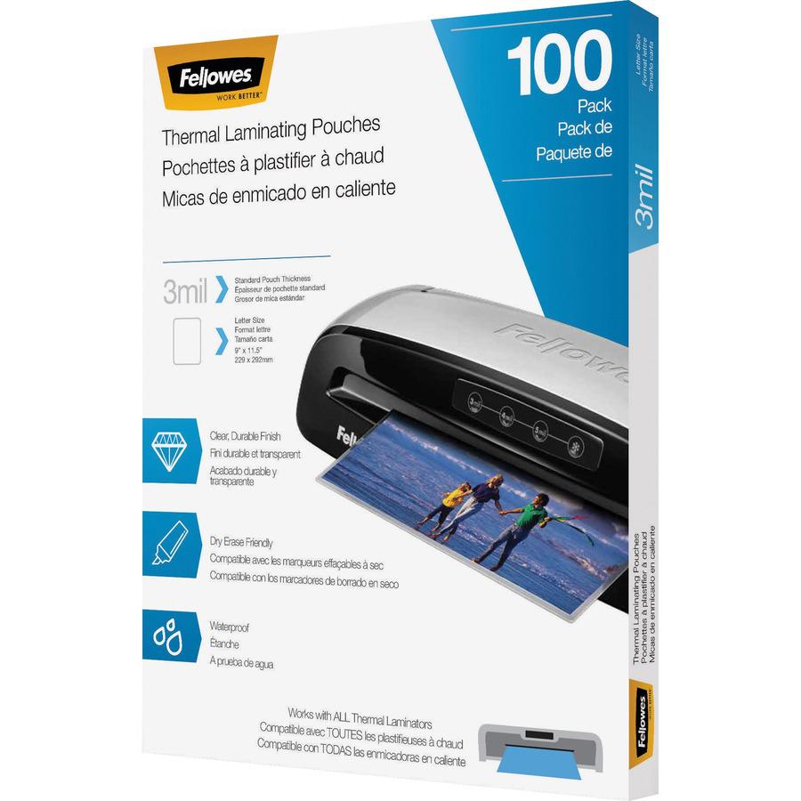 Fellowes Thermal Laminating Pouches - Letter, 3 mil, 100 pack - Sheet Size Supported: Letter 8.50" Width x 11" Length - Laminating Pouch/Sheet Size: 9" Width x 11.50" Length x 3 mil Thickness - Glossy. Picture 4