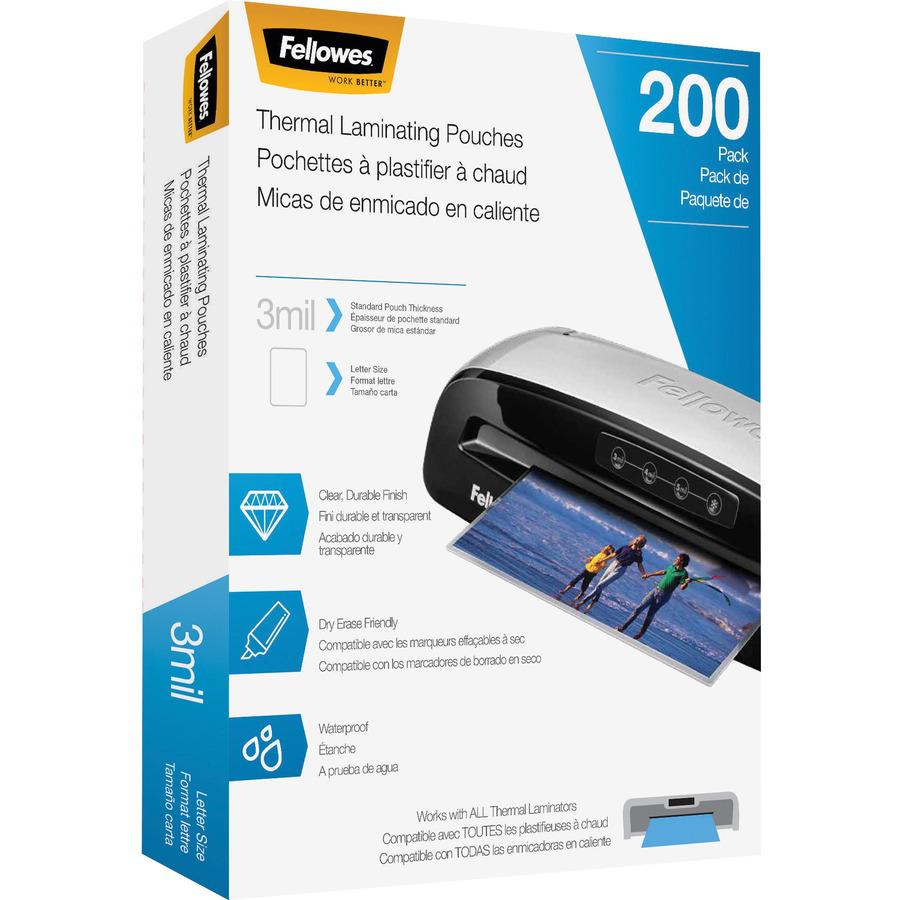 Fellowes Thermal Laminating Pouches - Letter, 3 mil, 200 pack - Sheet Size Supported: Letter 8.50" Width x 11" Length - Laminating Pouch/Sheet Size: 9" Width3 mil Thickness - Durable - Clear - 200 / P. Picture 4
