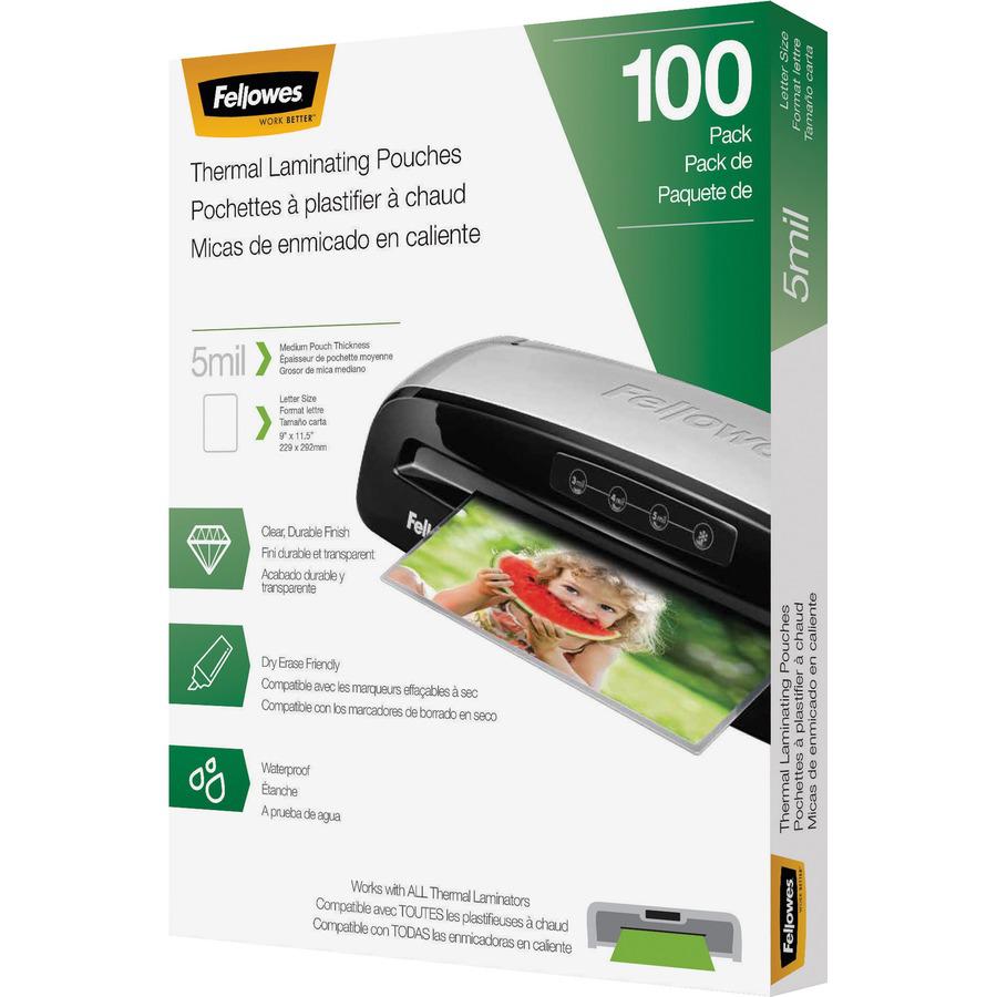 Fellowes Thermal Laminating Pouches - Letter, 5 mil, 100 pack - Sheet Size Supported: Letter 8.50" Width x 11" Length - Laminating Pouch/Sheet Size: 9" Width5 mil Thickness - Glossy - for Document - D. Picture 3
