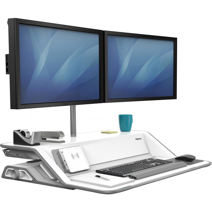 Fellowes Lotus&trade; DX Sit-Stand Workstation - White - 35 lb Load Capacity - 5.5" Height x 32.8" Width x 24.3" Depth - White. Picture 5