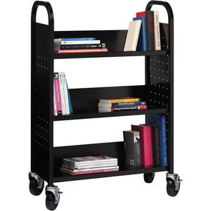 Lorell Single-sided Book Cart - 3 Shelf - Round Handle - 5" Caster Size - Steel - x 32" Width x 14" Depth x 46" Height - Black - 1 Each. Picture 8