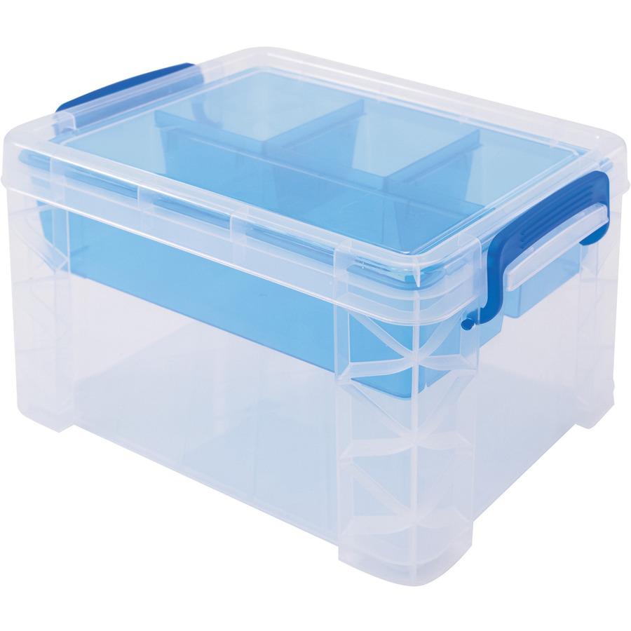 Advantus Super Stacker Divided Supply Box - External Dimensions: 10.1" Length x 7.5" Width x 6.5" Height - 5 Dividers - Lid Lock Closure - Stackable - Plastic - Clear, Blue - For Pen/Pencil, Paper Cli. Picture 2