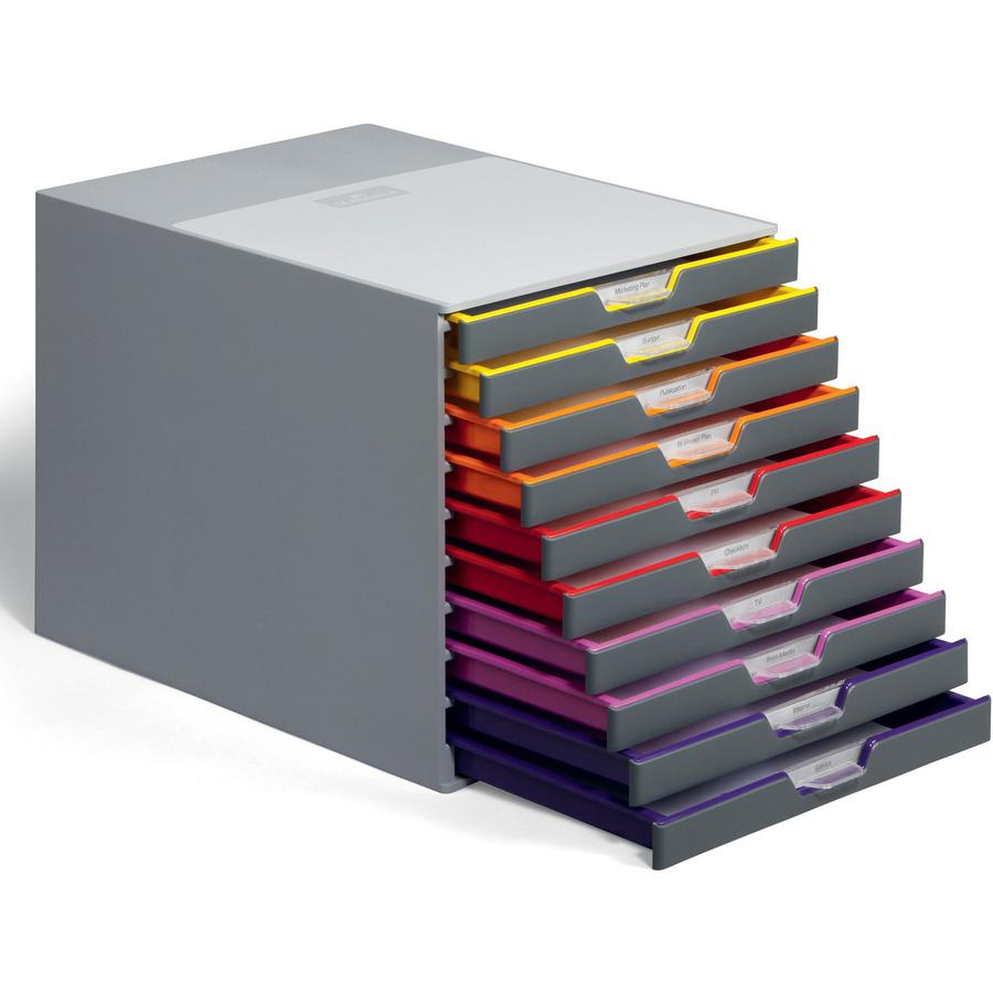 DURABLE&reg; VARICOLOR&reg; Desktop 10 Drawer Organizer - 11" W x 11-3/8" H x 14" D - 10 Drawers - Color Labeled Tabs - Charcoal. Picture 6