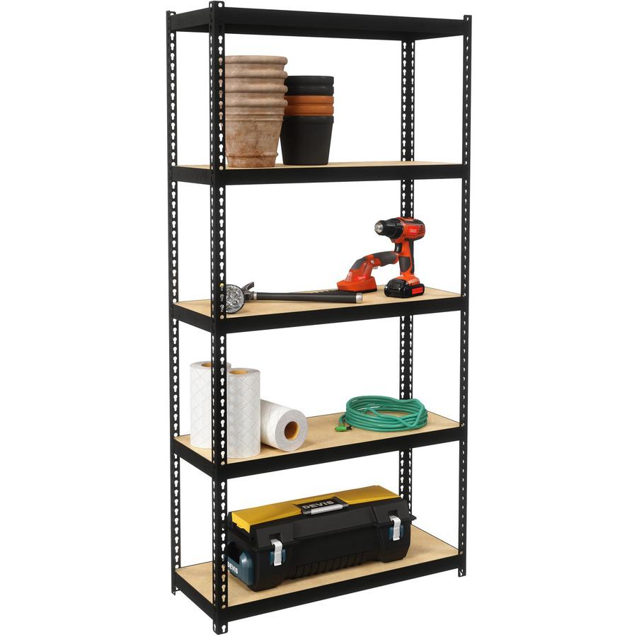Lorell Narrow Riveted Shelving - 5 Shelf(ves) - 60" Height x 30" Width x 12" Depth - 28% Recycled - Black - Steel - 1 Each. Picture 8