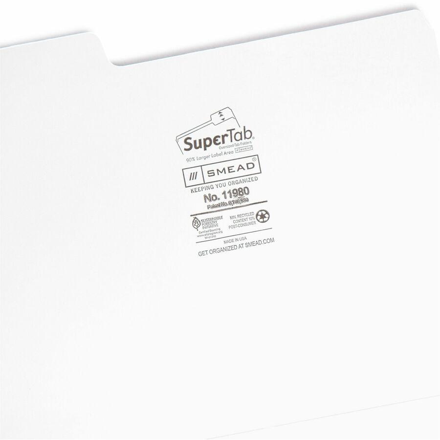 Smead SuperTab 1/3 Tab Cut Letter Recycled Top Tab File Folder - 8 1/2" x 11" - 3/4" Expansion - Assorted Position Tab Position - White - 10% Recycled - 100 / Box. Picture 8