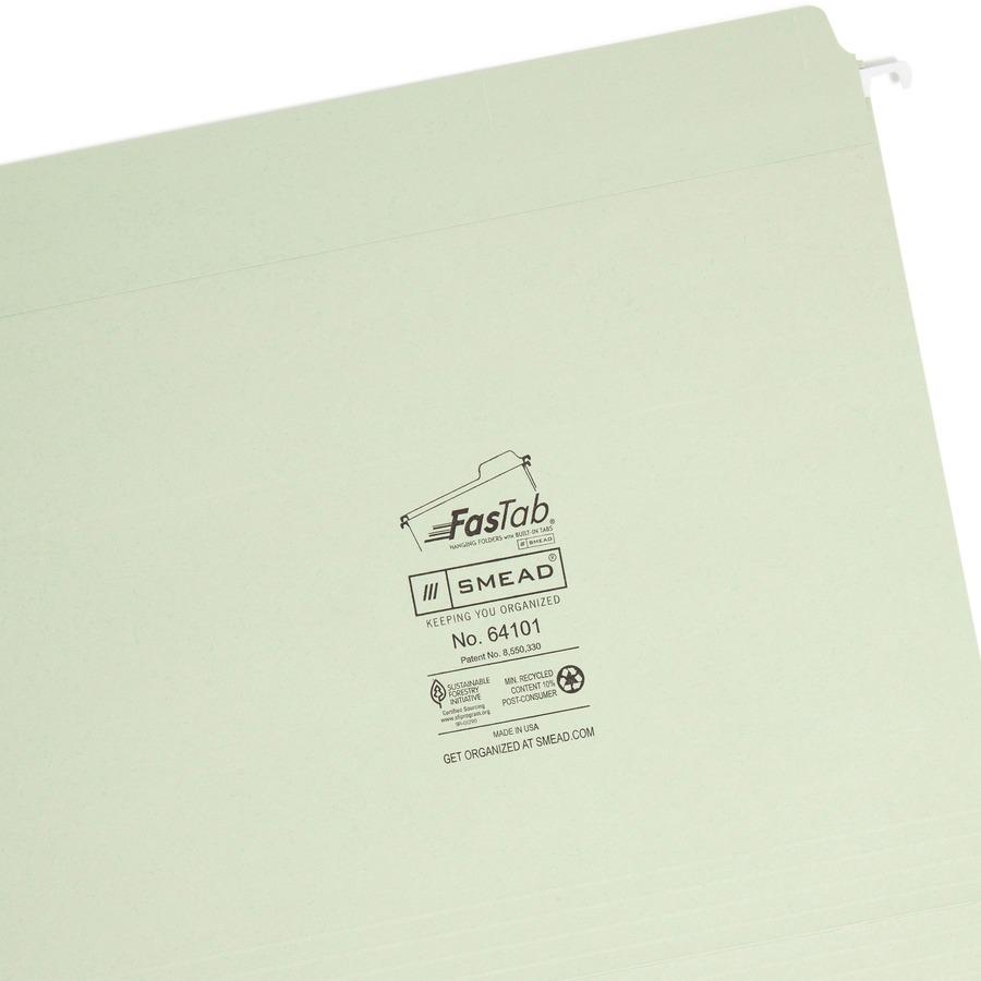 Smead FasTab Straight Tab Cut Letter Recycled Hanging Folder - 8 1/2" x 11" - Assorted Position Tab Position - Moss - 10% Recycled - 20 / Box. Picture 8