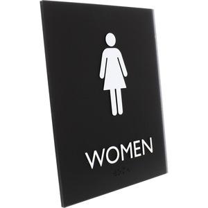 Lorell Women's Restroom Sign - 1 Each - Women Print/Message - 6.4" Width x 8.5" Height - Rectangular Shape - Surface-mountable - Easy Readability, Braille - Plastic - Black. Picture 3