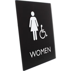 Lorell Restroom Sign - 1 Each - Women Print/Message - 6.4" Width x 8.5" Height - Rectangular Shape - Easy Readability, Braille - Plastic - Black. Picture 4