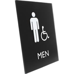 Lorell Men's Handicap Restroom Sign - 1 Each - Men Print/Message - 6.4" Width x 8.5" Height - Rectangular Shape - Surface-mountable - Easy Readability, Braille - Plastic - Black. Picture 5