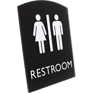 Lorell Arched Unisex Restroom Sign - 1 Each - 6.8" Width x 8.5" Height - Rectangular Shape - Surface-mountable - Easy Readability, Braille - Plastic - Black. Picture 3