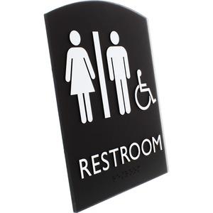 Lorell Arched Unisex Handicap Restroom Sign - 1 Each - 6.8" Width x 8.5" Height - Rectangular Shape - Surface-mountable - Easy Readability, Braille - Plastic - Black. Picture 3
