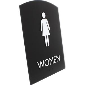Lorell Arched Women's Restroom Sign - 1 Each - Women Print/Message - 6.8" Width x 8.5" Height - Rectangular Shape - Surface-mountable - Easy Readability, Braille - Plastic - Black. Picture 2