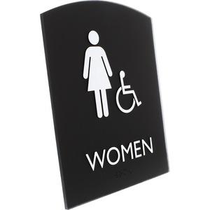 Lorell Restroom Sign - 1 Each - Women Print/Message - 6.8" Width x 8.5" Height - Rectangular Shape - Surface-mountable - Easy Readability, Braille - Plastic - Black. Picture 2