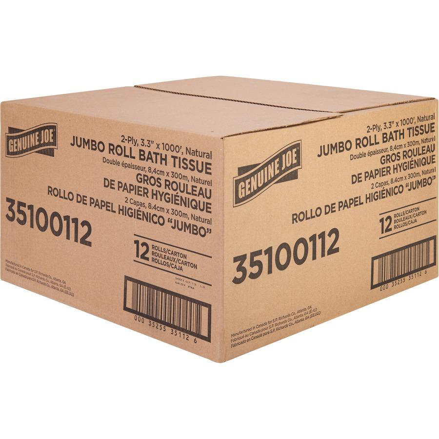 Genuine Joe Jumbo Jr Dispenser Bath Tissue Roll - 2 Ply - 3.30" x 1000 ft - 8.88" Roll Diameter - White - Fiber - 12 / Carton. Picture 2