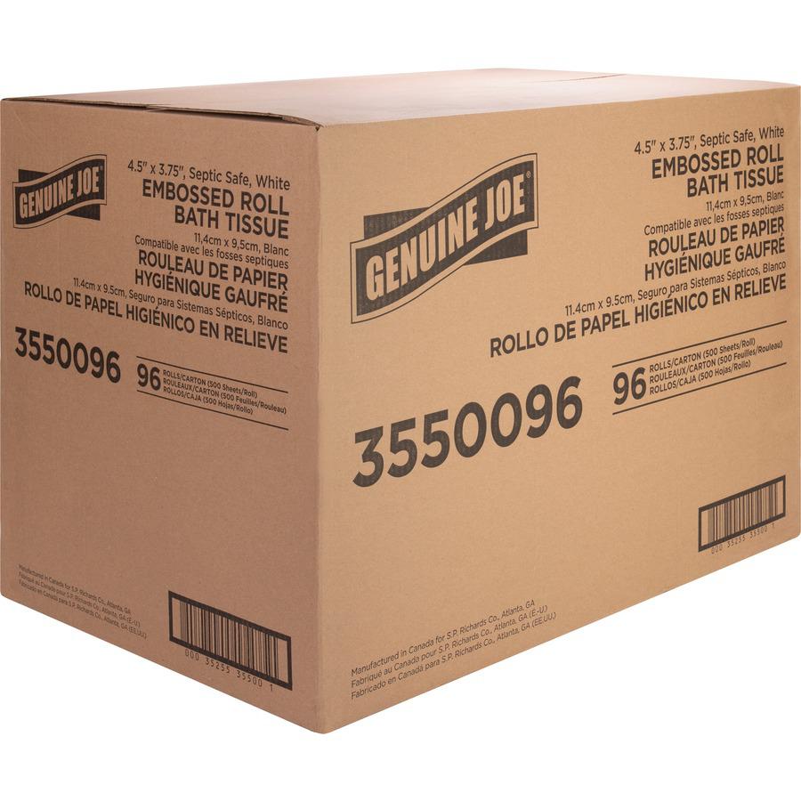 Genuine Joe 2-ply Bath Tissue - 2 Ply - 4.50" x 3.80" - 500 Sheets/Roll - White - Fiber - 96 / Carton. Picture 7