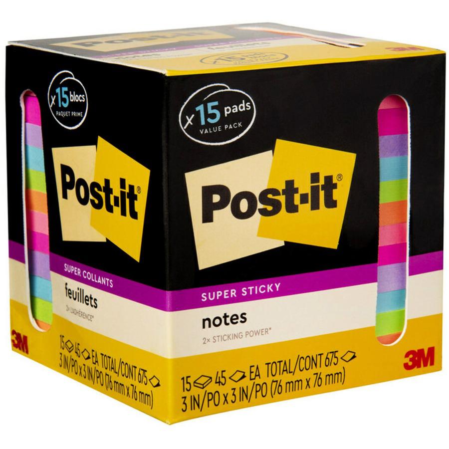 Post-it&reg; Super Sticky Notes - 15 - 3" x 3" - Square - 45 Sheets per Pad - Neon Orange, Tropical Pink, Power Pink, Iris, Blue Paradise, Neon Green Limeade - Adhesive, Recyclable - 15 / Pack. Picture 10