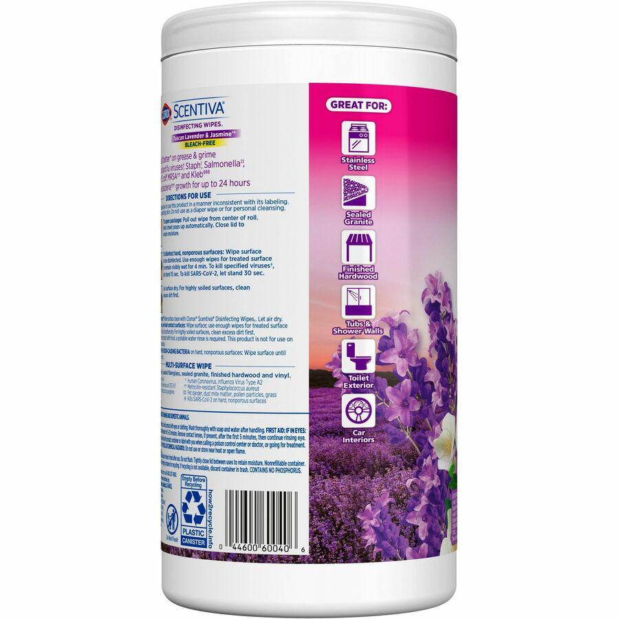 Clorox Scentiva Bleach-Free Disinfecting Wipes - Ready-To-Use Wipe - Tuscan Lavender & Jasmine Scent - 70 / Tub - 1 Each - White. Picture 10