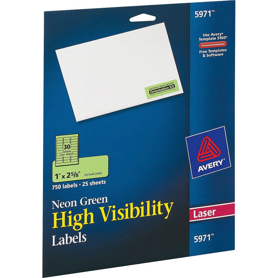 Avery&reg; Shipping Labels - 1" Width x 2 5/8" Length - Permanent Adhesive - Rectangle - Laser - Neon Green - Paper - 30 / Sheet - 25 Total Sheets - 750 Total Label(s) - 750 / Pack. Picture 3
