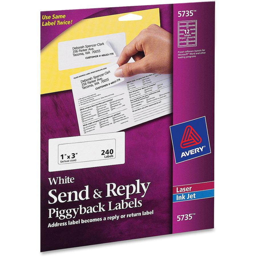 Avery&reg; Send & Reply Piggyback Labels - 1" Width x 3" Length - Permanent Adhesive - Rectangle - Laser, Inkjet - White - Paper - 12 / Sheet - 20 Total Sheets - 240 Total Label(s) - 240 / Pack. Picture 6