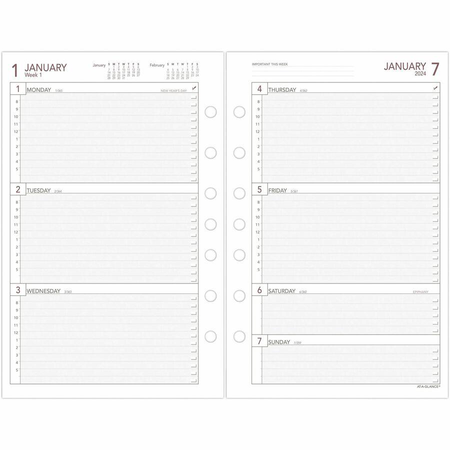 At-A-Glance 2024 Weekly Planner Refill, Loose-Leaf, Desk Size, 5 1/2" x 8 1/2" - Business - Julian Dates - Weekly - 1 Year - January 2024 - December 2024 - 8:00 AM to 5:00 PM - Hourly, Monday - Friday. Picture 8
