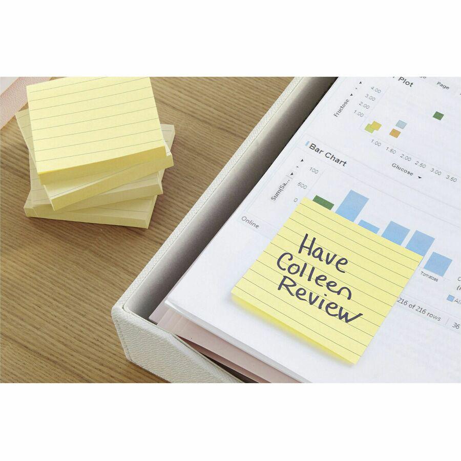 Post-it&reg; Notes Original Lined Notepads - 100 - 3" x 5" - Rectangle - 100 Sheets per Pad - Ruled - Yellow - Paper - Self-adhesive, Repositionable - 12 / Pack. Picture 7