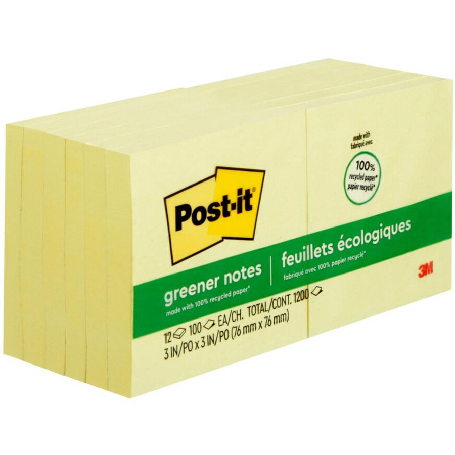 Post-it&reg; Greener Notes - 1200 - 3" x 3" - Square - 100 Sheets per Pad - Unruled - Canary Yellow - Paper - Self-adhesive, Repositionable - 216 / Pack - Recycled. Picture 4